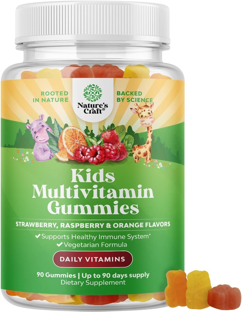 Pflanzenbasierte Kinder Multivitamin-Gummien - Multivitamin für Kinder Immununterstützung mit Vitaminen A, C, D3, E, B6 & B12, Zink & Jod - Kinder Vitamine Kauformel für starke Gesundheit - 90 Zähler