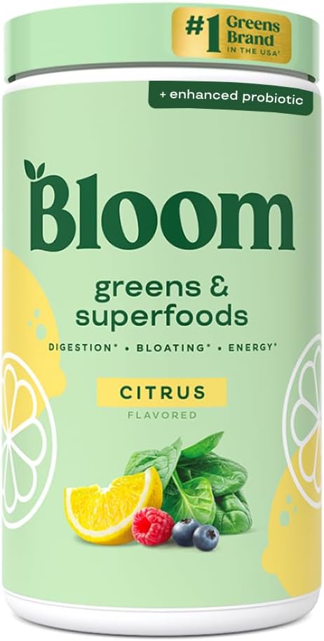 Bloom Nutrition Superfood Greens Powder, Digestive Enzyme mit Probiotika und Präbiotika, Gut Health, Bloating Relief für Frauen, Chlorella, Green Juice Mix mit Rübe Root Powder, 60 SVG, Citrus