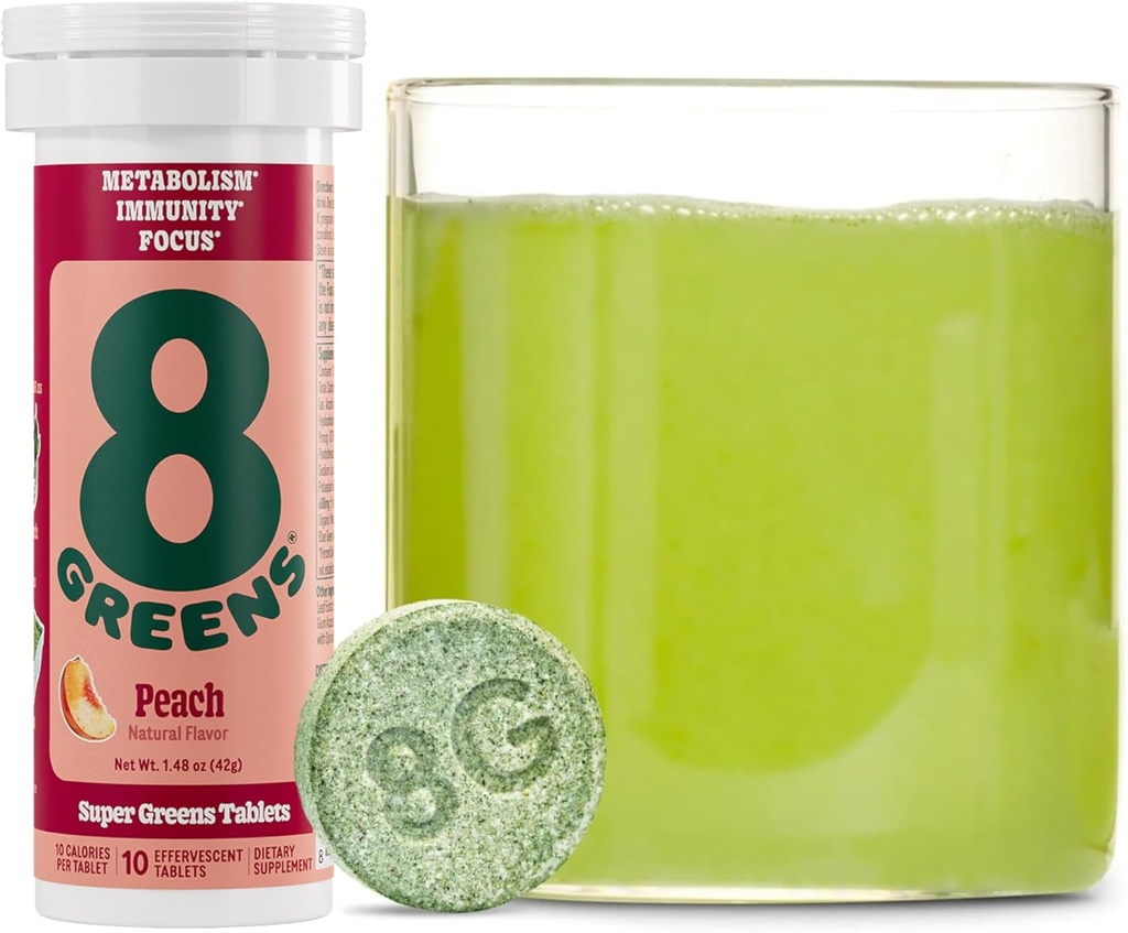 8Greens Supergreens Tablets | Super Greens Powder Superfood Tablet, Metabolism Immunity & Focus, Daily Greens Effervescent Tablets, Bio: Aloe Vera, Spirulina, Chlorella, Peach, 10 Portionen