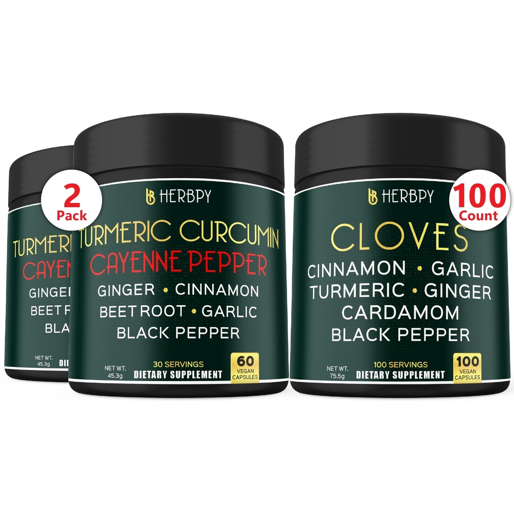 Herbpy Bundle 7in1 Clove Supplement 755mg/serving (100 Count 100 Servings) & 7in1 Turmeric Root 1510mg/serving (2pack60 for 60 Servings)
