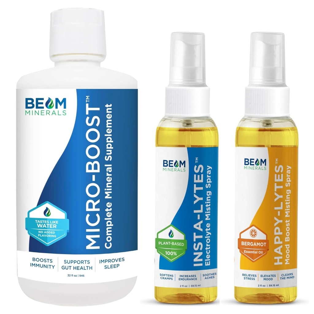 Beam Minerals Micro-Boost Humic Mineral Blend und Insta-Lytes natürliche flüssige Elektrolyte 2oz und Happy-Lytes Fluvic Elektrolyt-Spray 2oz