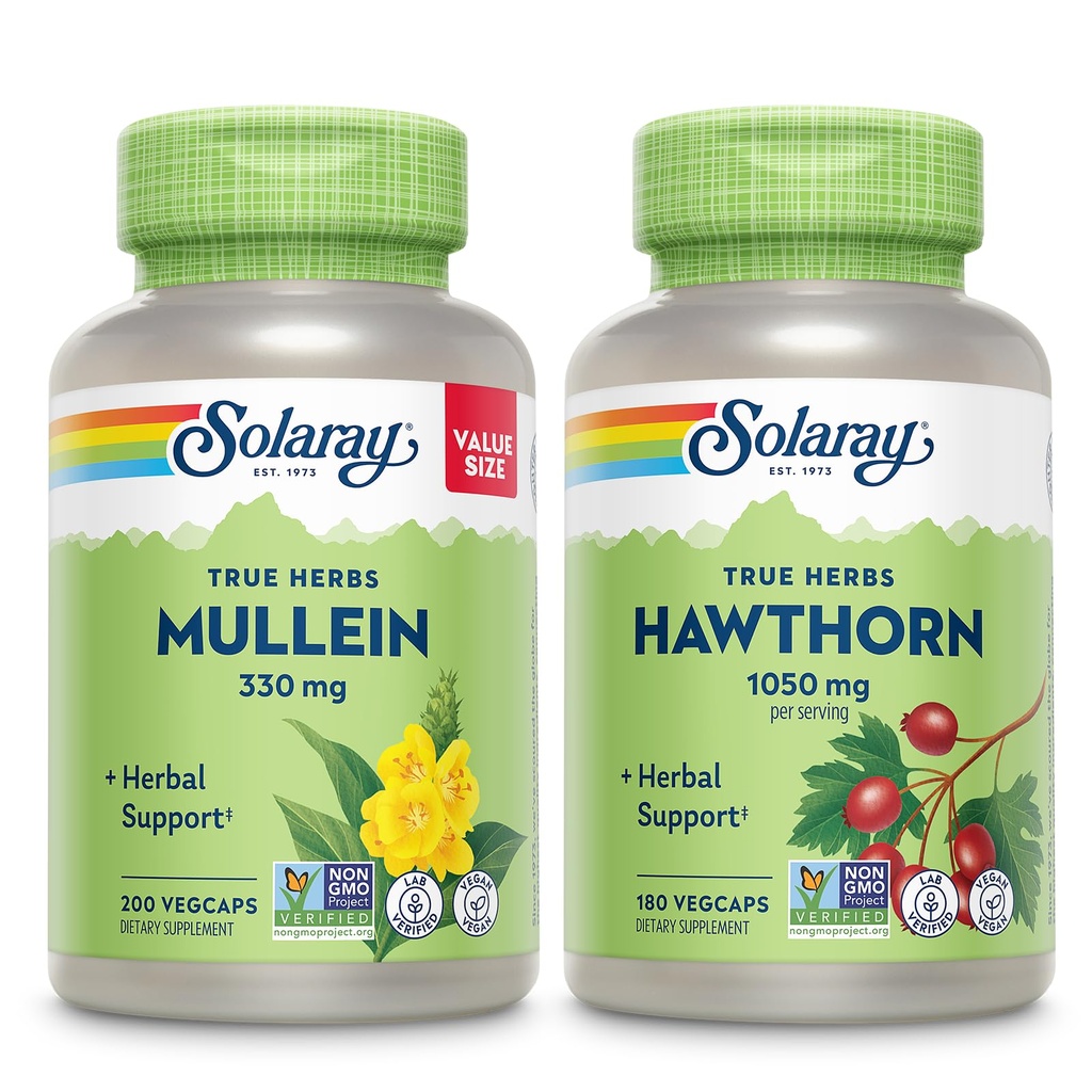 SOLARAY Mullein Leaf 330 mg und Hawthorn Berry Capsules 1050 mg - beruhigende Kräuterunterstützung Bundle für Gesundheit und Wellness - Vegan, Non-GMO, 60-Day Garantie, Lab Verified, 200/180 VegCaps