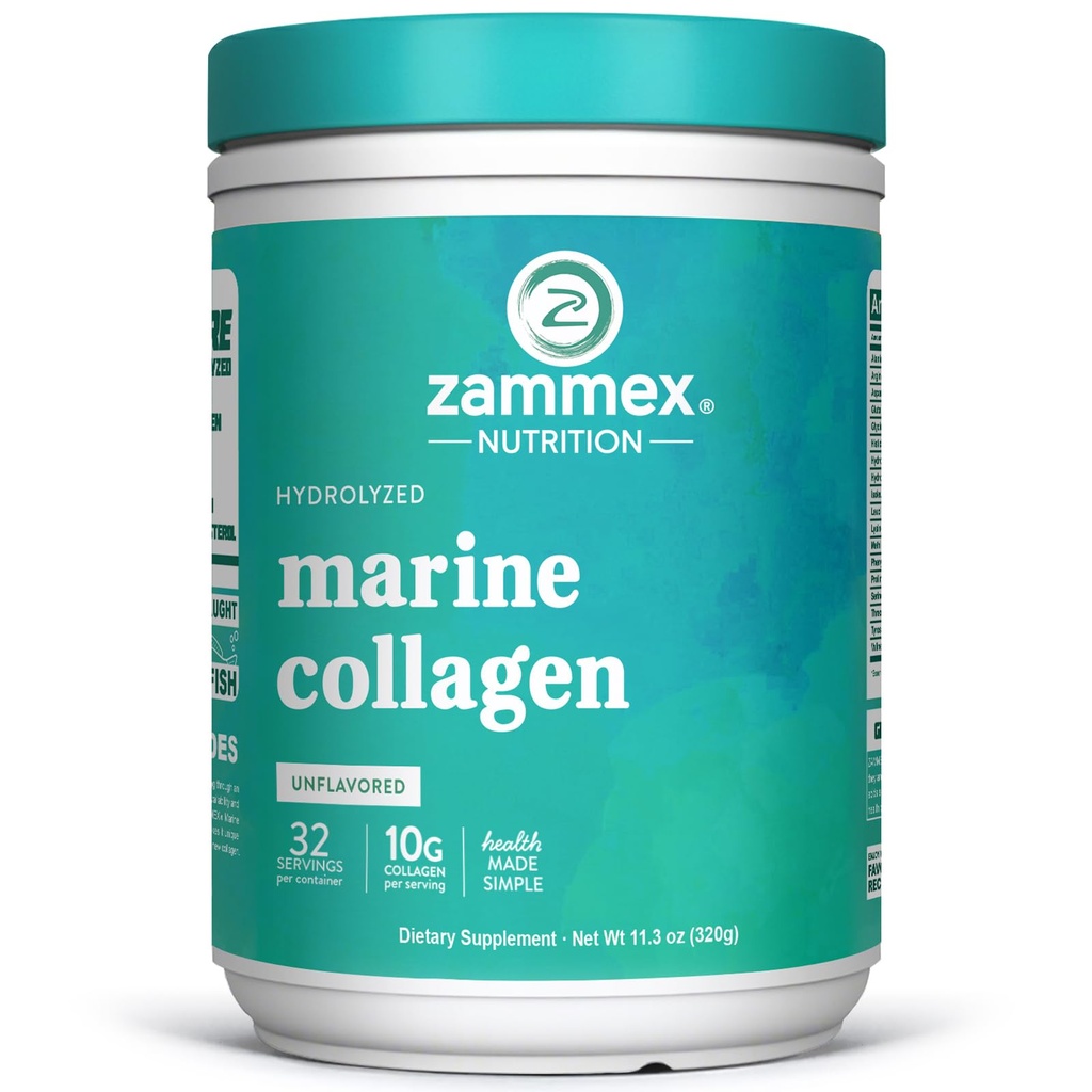 Zammex Marine Collagen Peptide Powder Unflavored, Wild-Caught Fish Collagen Powder, Unterstützt gesunde Haut, Haar, Gelenke, Typ 1 & 3 Collagen Supplement für Damen - einfach zu mischen. (32 Servierungen)