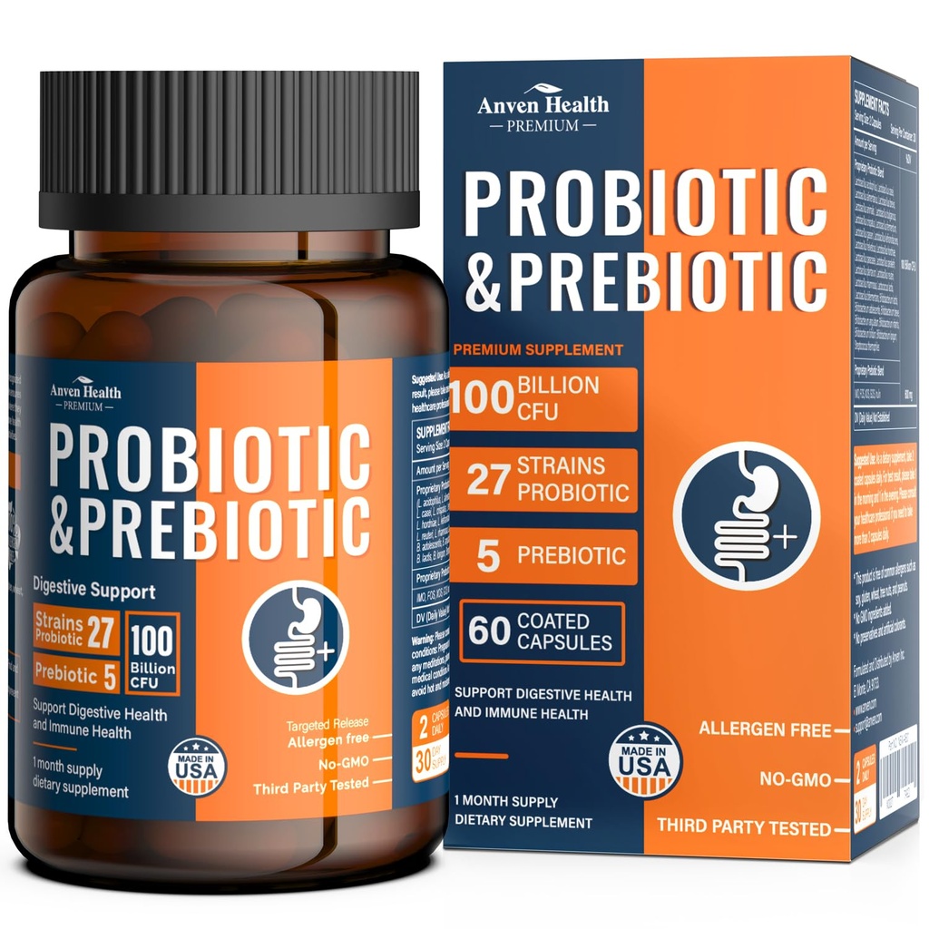 100 Milliarden Probiotika für Männer und Frauen 27 Strains 5 Bio-Präbiotika für Gut Digestive & Immune Gesundheit, unterstützt Durchfall Gas Bloating, Non-GMO, Zero Fillers – Made in USA gezwungen60 Caps