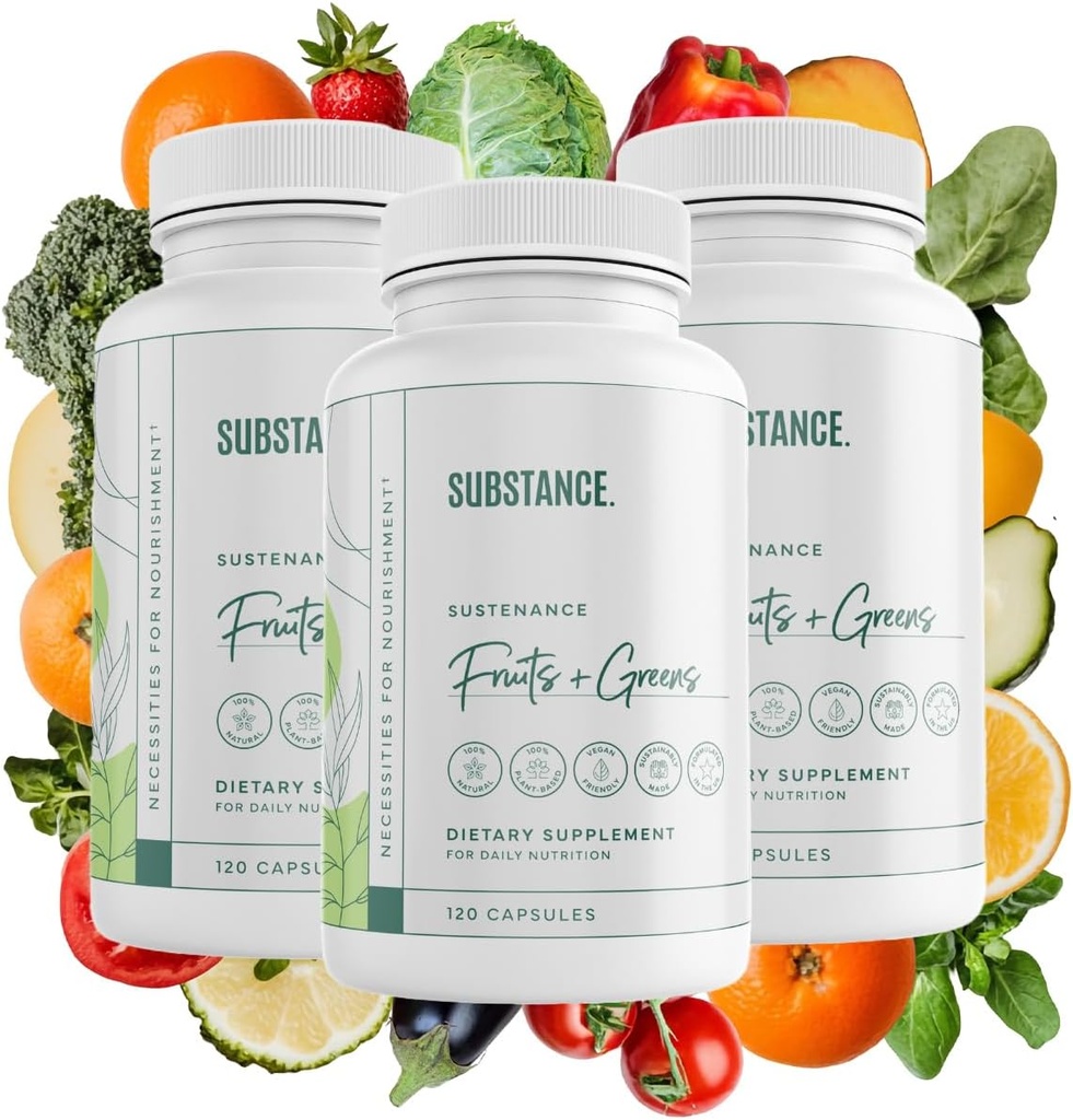 SUBSTANCE. 3-Pck Nature's Sustenance Daily Greens, Daily Fruit and Veggies Supplement - Enhance Energy, Mental Clarity - Fruits and Vegetables Supplements - US Made, Vegan-Friendly - 90 Servings.