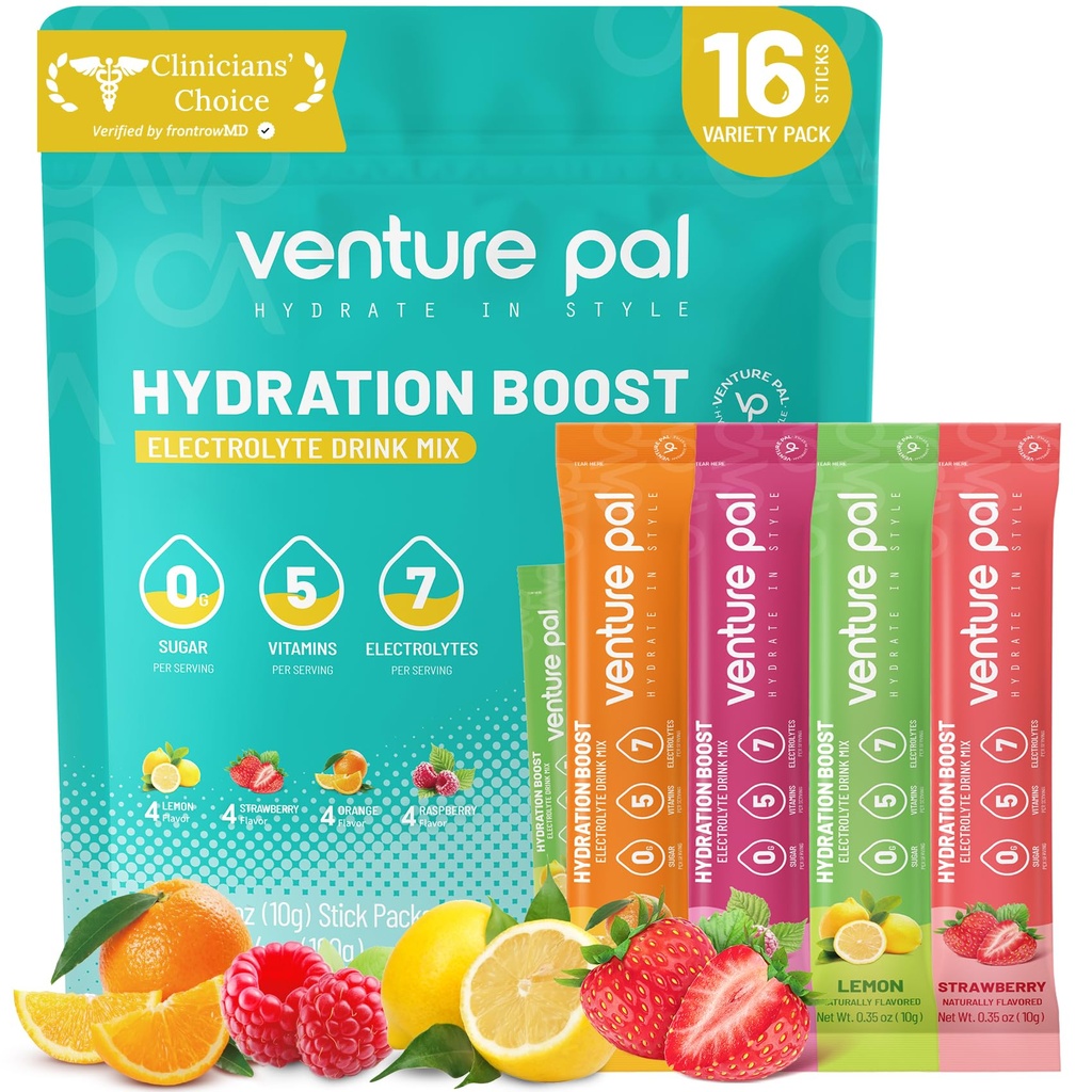 Venture Pal Sugar Free Electrolyte Powder Packets - Liquid Daily IV Drink Mix for Rapid Hydration & Party Recovery | 5 Vitamine & 7 Elektrolyte| Keto Friendly | Non-GMO | Certified Vegan | 16 Sticks