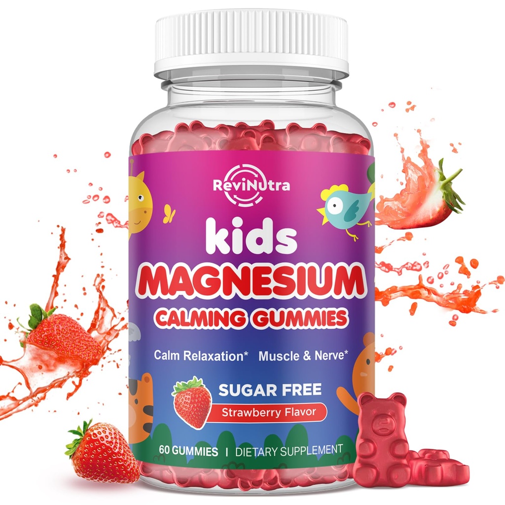 Magnesiumgummis für Kinder - Magnesium Glycinate Gummis mit L-Theanin, Kamille, Vitamin B6, D für Kinder & Erwachsene Schlaf, Stress, Muskelentlastung & Nerve Knochen - Zuckerfreie Erdbeere 60ct
