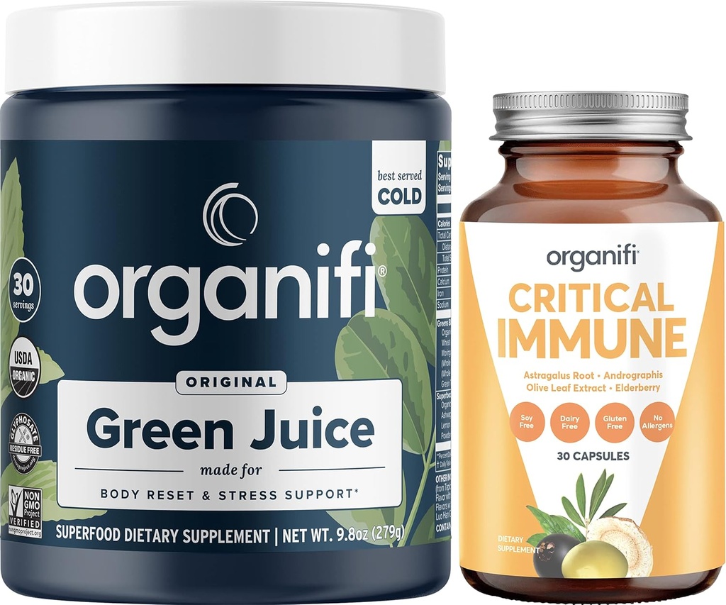Organifi Green Juice Superfood Pulver (30 Portionen) und Critical Immune (30 Kapseln) - Vitamin C, Gewichtskontrolle, Detox Cleanse, Stress Relief und Immunität Unterstützung - Glutenfrei, Vegan, Ganzes Essen