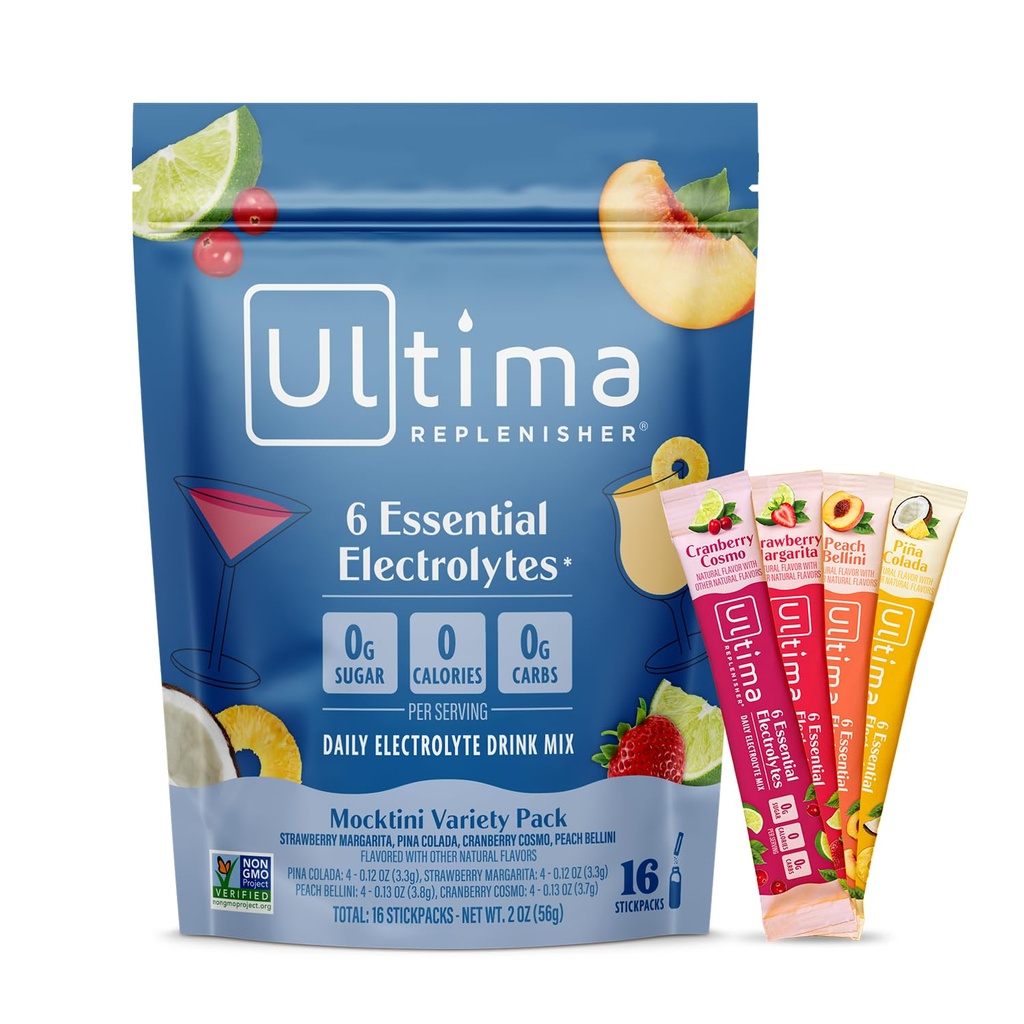 Ultima Replenisher Daily Electrolyte Powder Drink Mix – Sugar Free – Mocktini Variety, 16 Stickpacks – Hydration Packets mit 6 Key Electrolytes und Trace Minerals – Keto Friendly, Non-GMO
