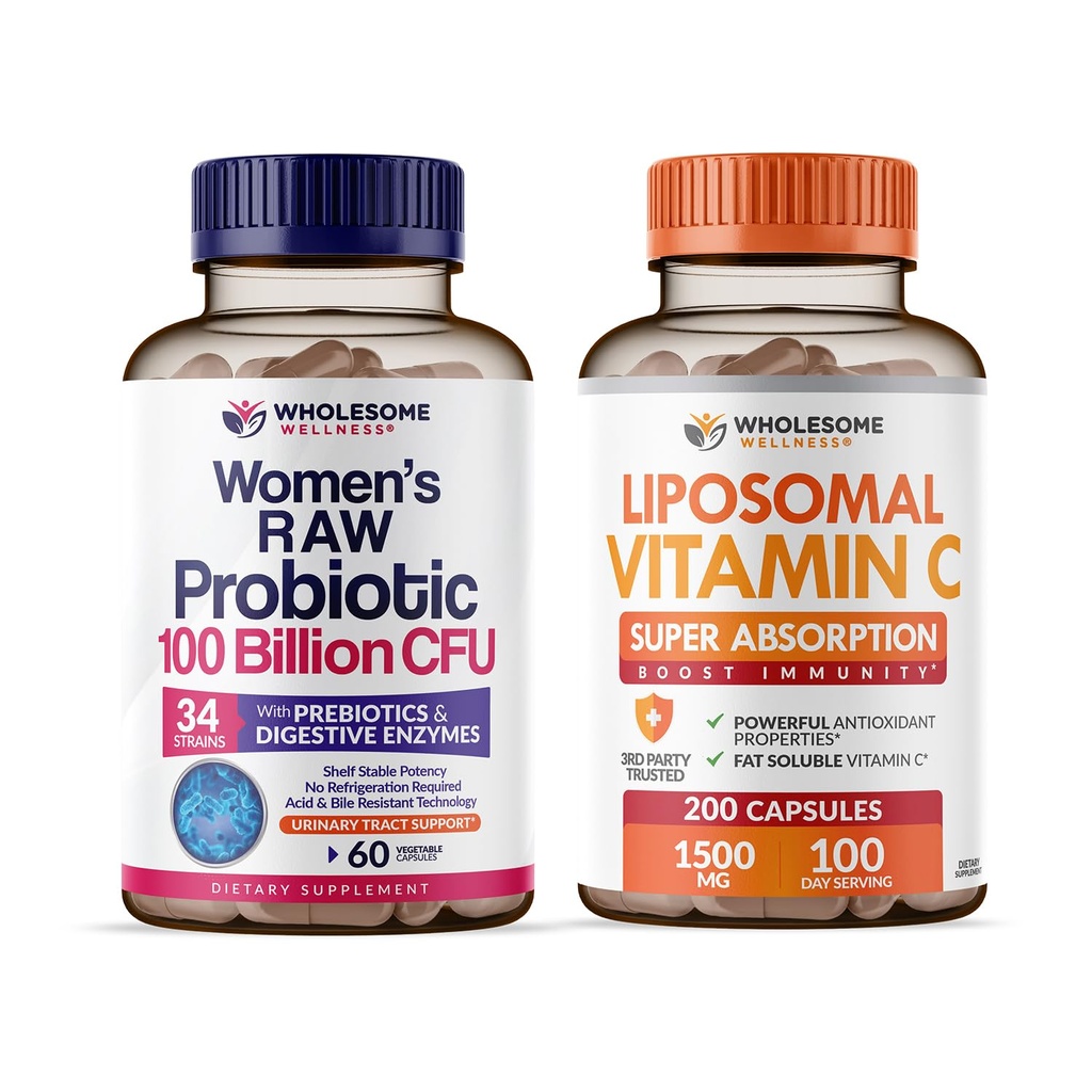 Vollständige Wellness Probiotika für Frauen 100 Milliarden CFUs mit Präbiotika, Verdauungsenzyme + Liposomale Vitamin C Kapseln hohe Absorption, Ascorbinsäure Supplement Bundle