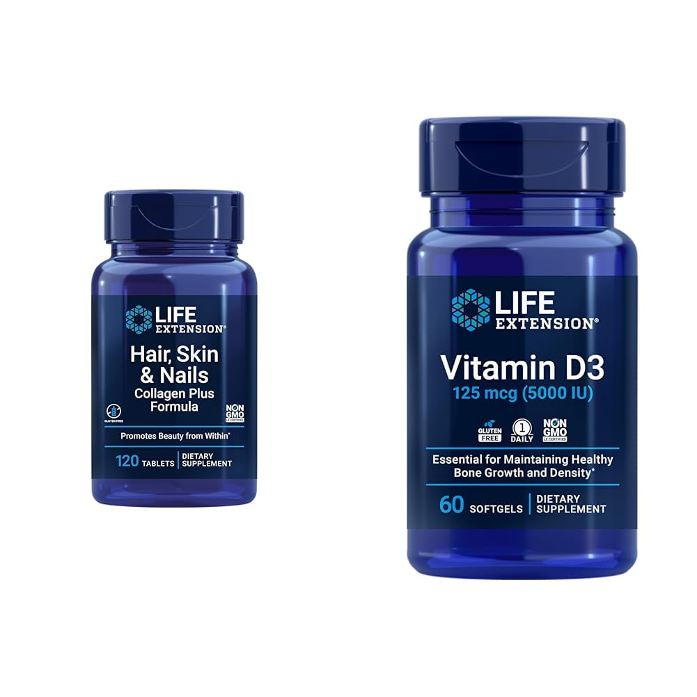 Life Extension Hair, Skin & Nails Collagen Plus Formel mit Vitamin D3 5000 IU - Fördert Kollagen, Keratin, Knochen, Gehirn, Immun- und Nagelgesundheit - 120 Count & 60 Softgels