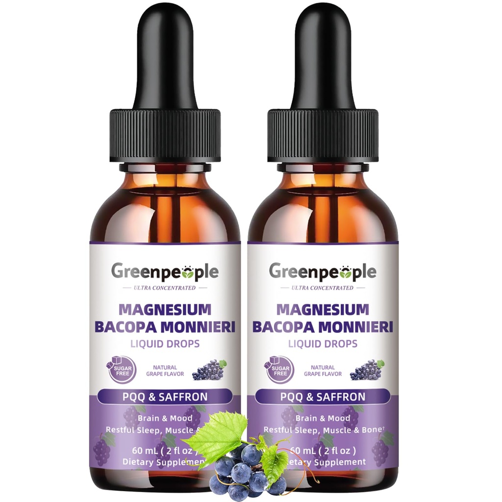 GREENPEOPLE Magnesium Glycinate Flüssigkeitstropfen - 1000mg 5-in-1 Hohe Absorption flüssiges Magnesium für Schlaf mit D3/K2/B6 | Fast-Acting, Knochen, Muskel & Schlaf | Zuckerfreies Korn Flavor, 2fl Oz 2 Pack