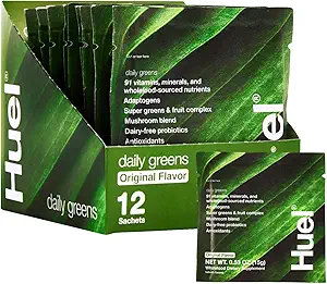 Huel Daily Greens Single Serve | Superfood Greens Powder | 91 Vitamine, Mineralstoffe und Wholefood-Sourced Ingredients | Adaptogene, Antioxidantien, Gut-Friendly Probiotics | 12 Pack