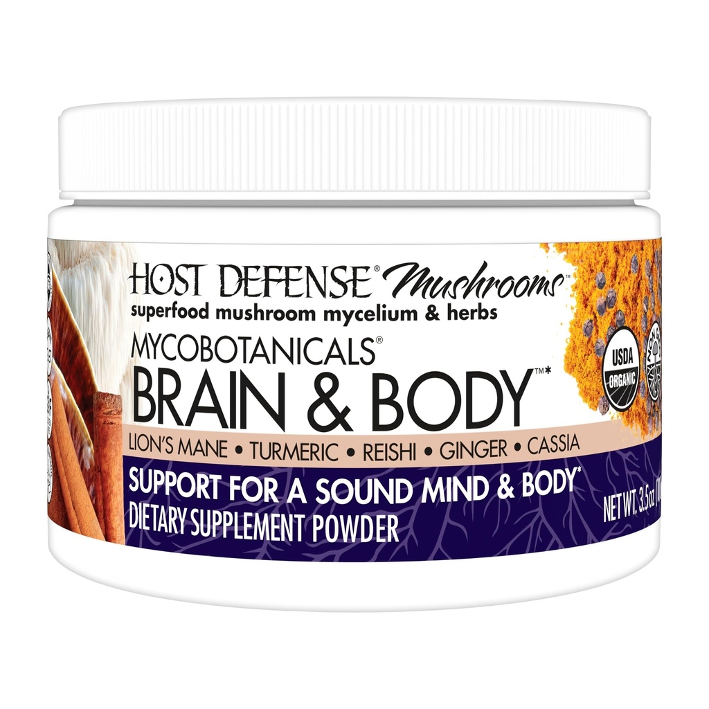 Host Defense MycoBotanicals Brain & Body* Powder - Verdauungs- und Immununterstützungsergänzung mit Lion's Mane & Reishi Mushroom - Brain Supplement zum Support Memory & Focus - 3.5 Unze (33 Servietten)*