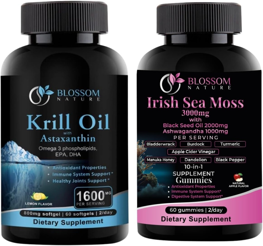 Antarktis Krillöl 1600mg mit Astaxanthin 2mg und Irish Sea Moss Gummis 3000mg mit schwarzem Samenöl und Ashwagandha 2000mg
