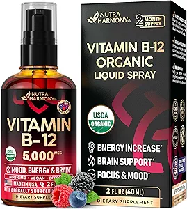 USDA Organisches Vitamin B12 Sublingual Spray - 5000 mcg Flüssiges Vegan Methylcobalamin für Damen und Herren - Energie-Boost, Fokus & Stimmung, Gehirn-Gesundheitsunterstützung - Maximize Absorption - 2 Month Supply, 2 fl oz