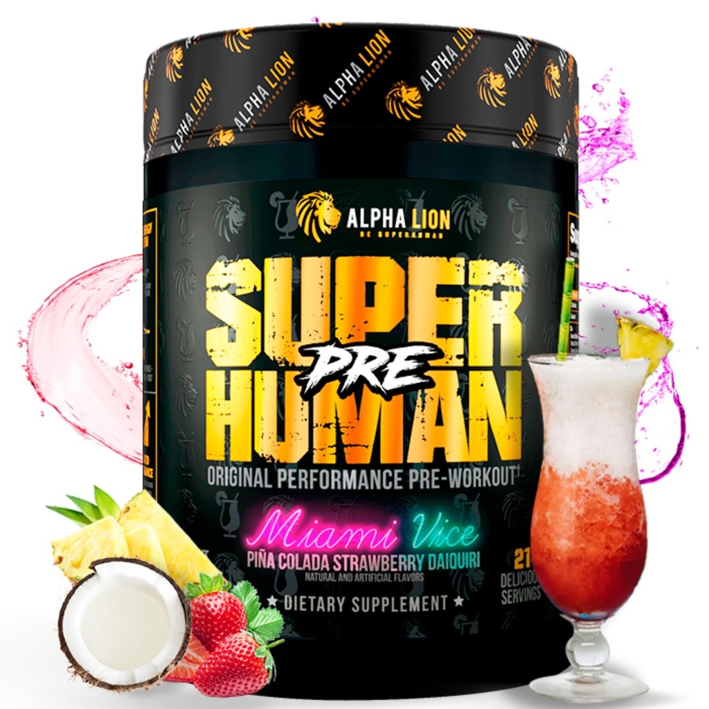 ALPHA LION Superhuman Pre Workout Powder, Beta Alanine, L-Taurine & Tri-Source Koffein für nachhaltige Energie & Fokus, Nitric Oxide & Citrulline für Pumpe (21 Servings, Miami Vice)