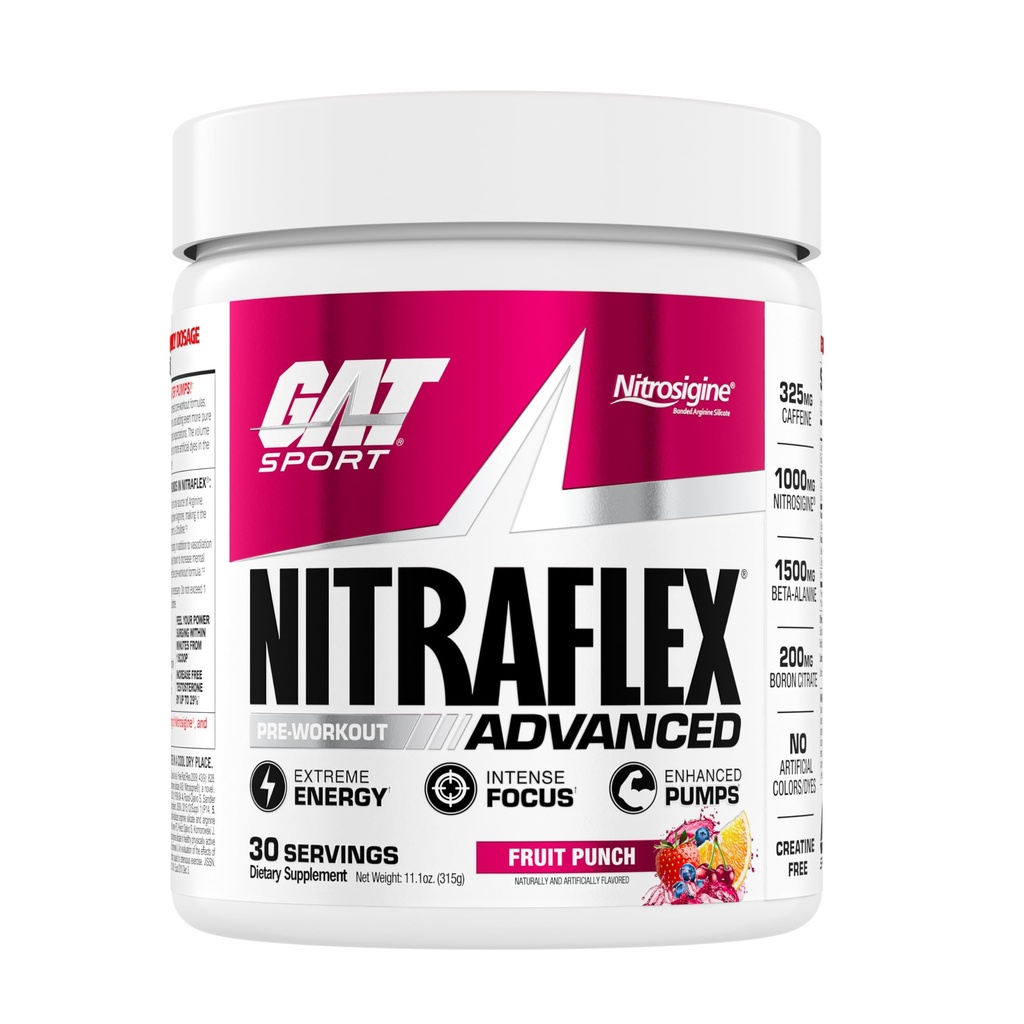 GAT SPORT Nitraflex Advanced Pre-Workout Powder, erhöht den Blutfluss, steigert Kraft und Energie, verbessert die Übungsleistung, Männer und Frauen (Fruit Punch, 30 Servierungen)
