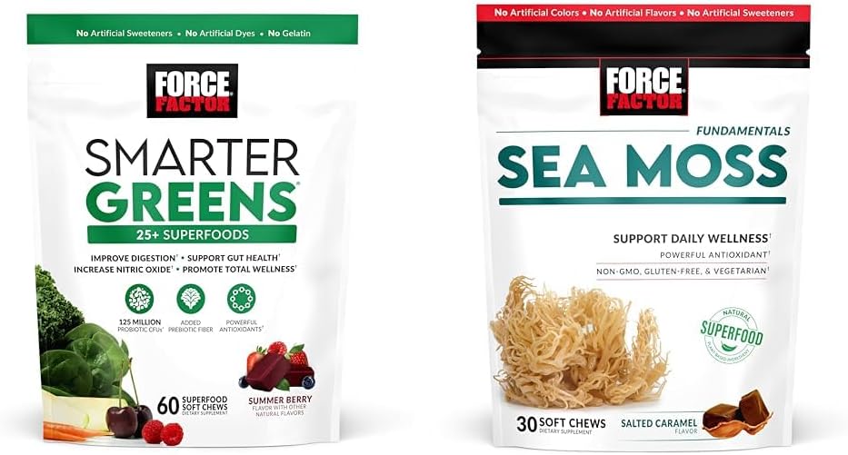 FORCE FACTOR Greens Chews mit 25+ Superfoods & Sea Moss Chews, 60 & 30 Count