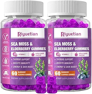 Sea Moss & Elderberry Gummies, Blueberry Flavored Gummy, Vitamins Sea Moss Ergänzungen mit Vitamin C + Zink und Apfel Apfel Apfel Apfelessig, gute Textur, Vegan-Friendly, 120 Count(Pack von 2)