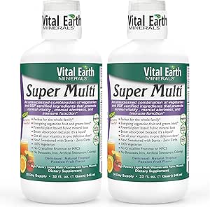 Vital Earth Minerals Super Multi 2-Pack – Flüssige Multivitamine für Frauen, Männer & Kinder, Flüssige Vitamine mit Fulvic Säure für bessere Absorption, MTHFR Unterstützung, 32 Oz Ea + 1 Oz Cup