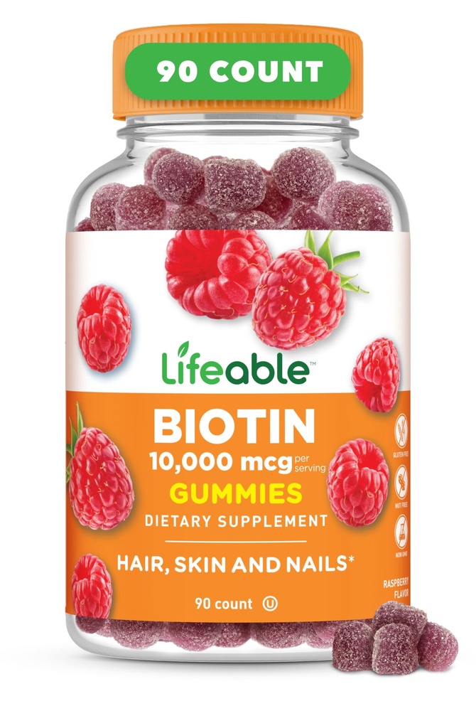Lebendige Biotin-Gummien | 10.000mcg | Toll schmeckende Haarhaut und Nägelgummis | GVO-freie vegane Biotin-Ergänzung | Haarhaut und Nägel Vitamine für Frauen | 90 Gummis