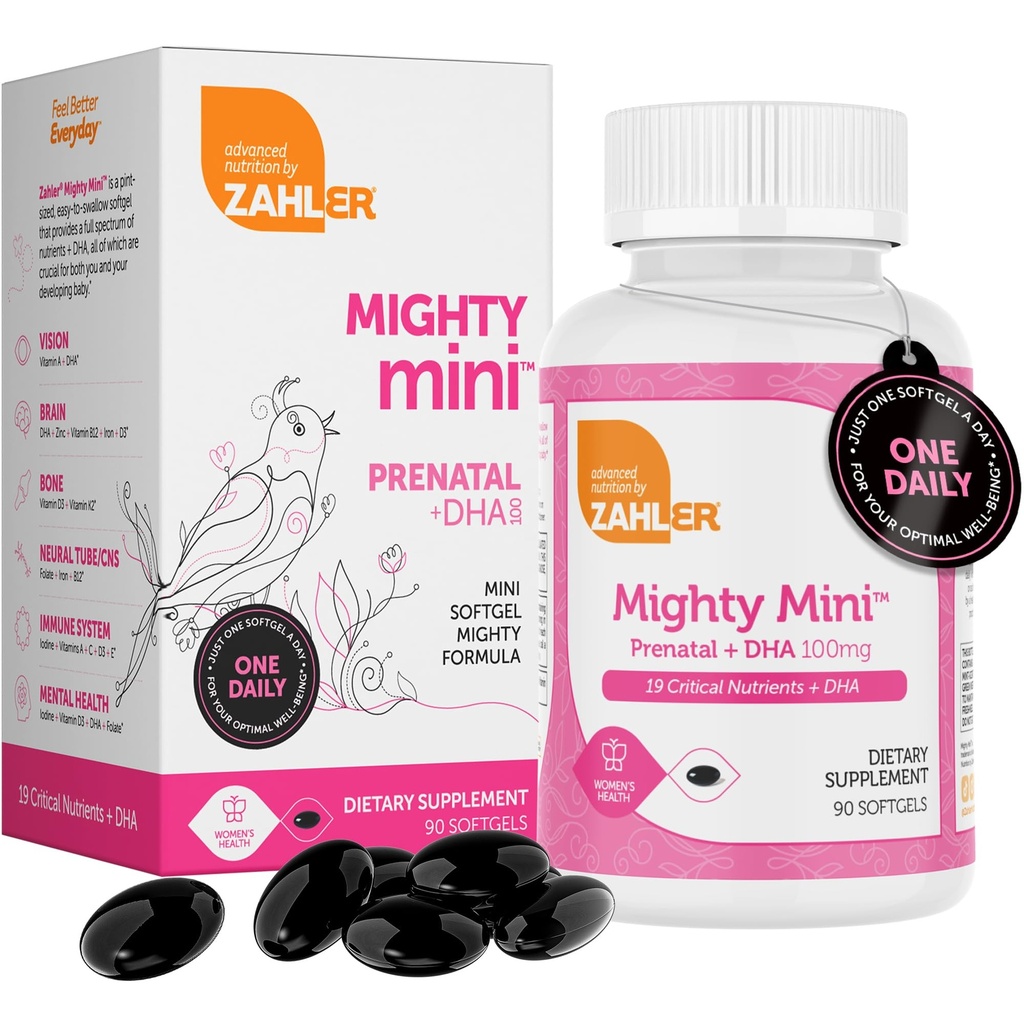 Zahler Mighty Mini Prenatal Vitamin mit DHA & Folate - Zertifizierter Kosher - Alle natürlichen pränatalen Vitamine - Multivitamin für schwangere Frauen - 19 Pränatale Vitamine inklusive Folsäure (90 Softgel)