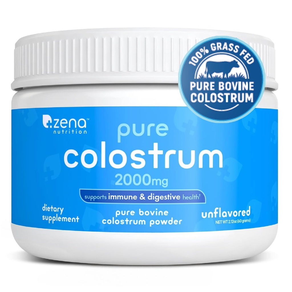Zena Nutrition Bovine Colostrum Powder Supplement, 2000mg Pure Colostrum, unterstützt Immun- und Verdauungsgesundheit, fördert Gut Health, Keto, Glutenfrei, Fettfrei, Gras Fed, Unflavored, 30 Servierungen