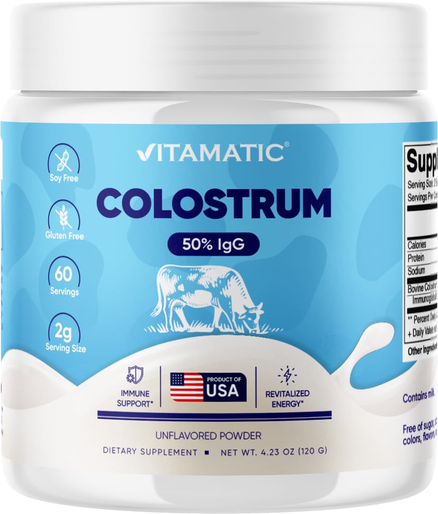 Vitamatic Bovine Colostrum Powder - 50% Höchste IgG -120 Gramm - Ergänzung für Gut Gesundheit, Haarwachstum, Schönheit, Muskel-Recovery, & Immun-Unterstützung - einfach zu mischen - Unflavored - 60 Portionen