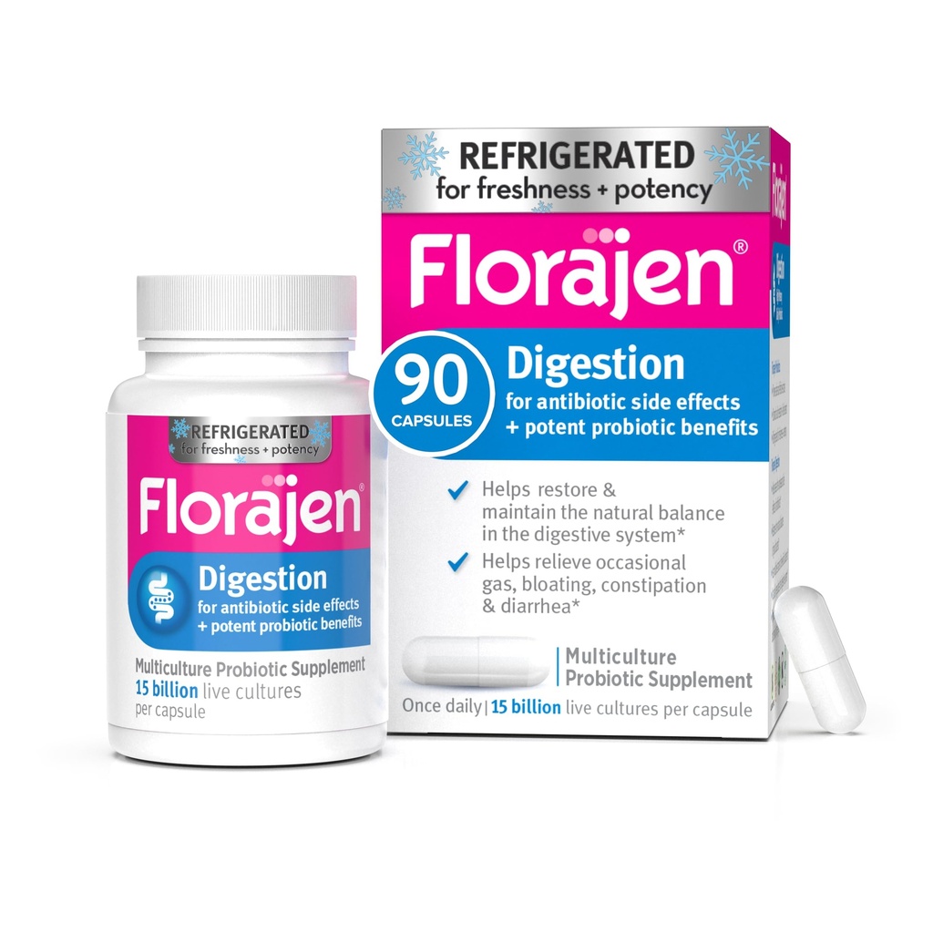 Florajen Digestion Probiotic - Advanced Gut Health Supplement for Constipation & Bloating Relief - 15 Billion Live Cultures - Multi-Strain-Formel - Kühlt für Potenz & Frische - 90 Kapseln