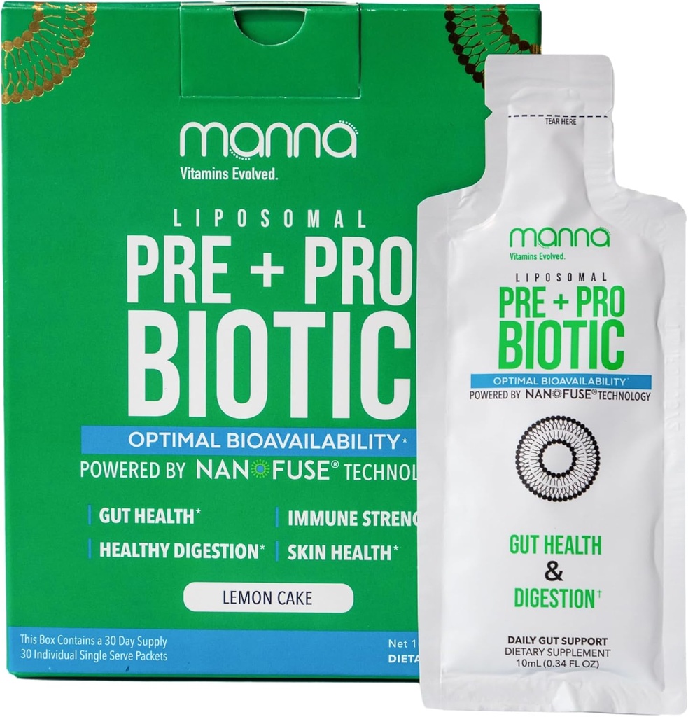 Manna Vitamine Evolved Liposomal Prebiotic + Probiotic Packets – 40 Billion CFU, 8 Strains – Gut, Verdauungshilfe – Hohe Absorption, Regal-stabil, Tägliche Ergänzung, 30 Einzelne Servietten