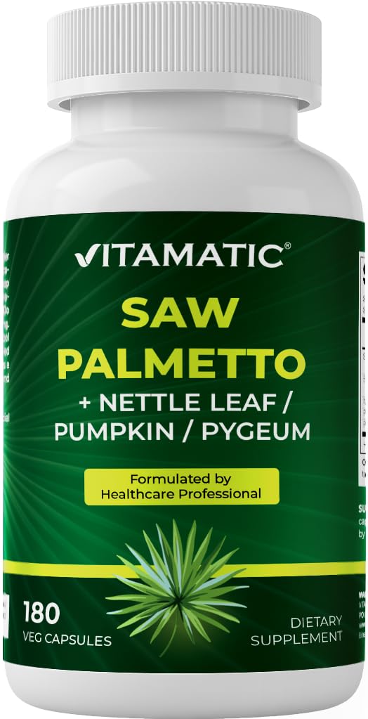 Vitamatic Saw Palmetto Extrakt für Männer & Frauen 180 Veg Kapseln - Hergestellt mit Kürbis Seed, Pygeum, Nettle Leaf - Made in the USA - Promotes Healthy Prostate Function