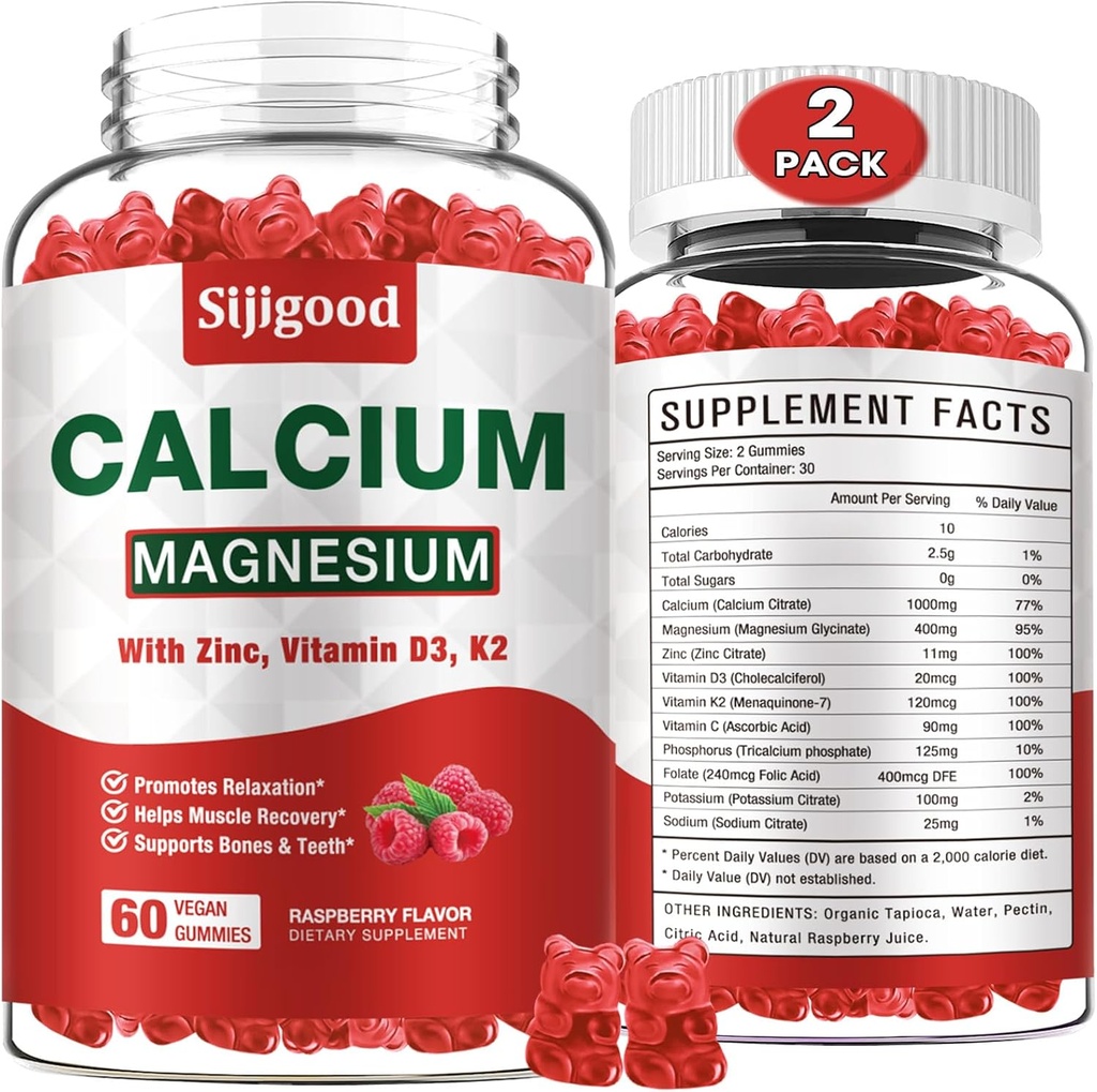 2 Pack Calcium Magnesium Zink-Gummien mit Vitamin C D3 K2, Calcium-Gummien für Knochen, Muskel, Kalm & Zzz-Unterstützung, hohe Absorptionsformel mit Magnesium Zink Kalium, Himbeer Flavored 120 Cts