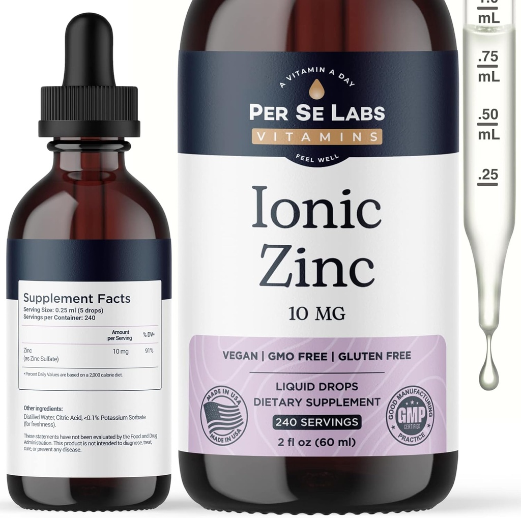 Per Se Labs Ionic Zinkflüssigkeit - 10 mg Hohe Absorption 240 Serviert flüssige Zinktropfen für Erwachsene - Immununterstützung Hautpflege Zinkergänzungsmittel - Vegan Zinksulfat Antioxidans Nahrungsergänzungsmittel - 2 Oz