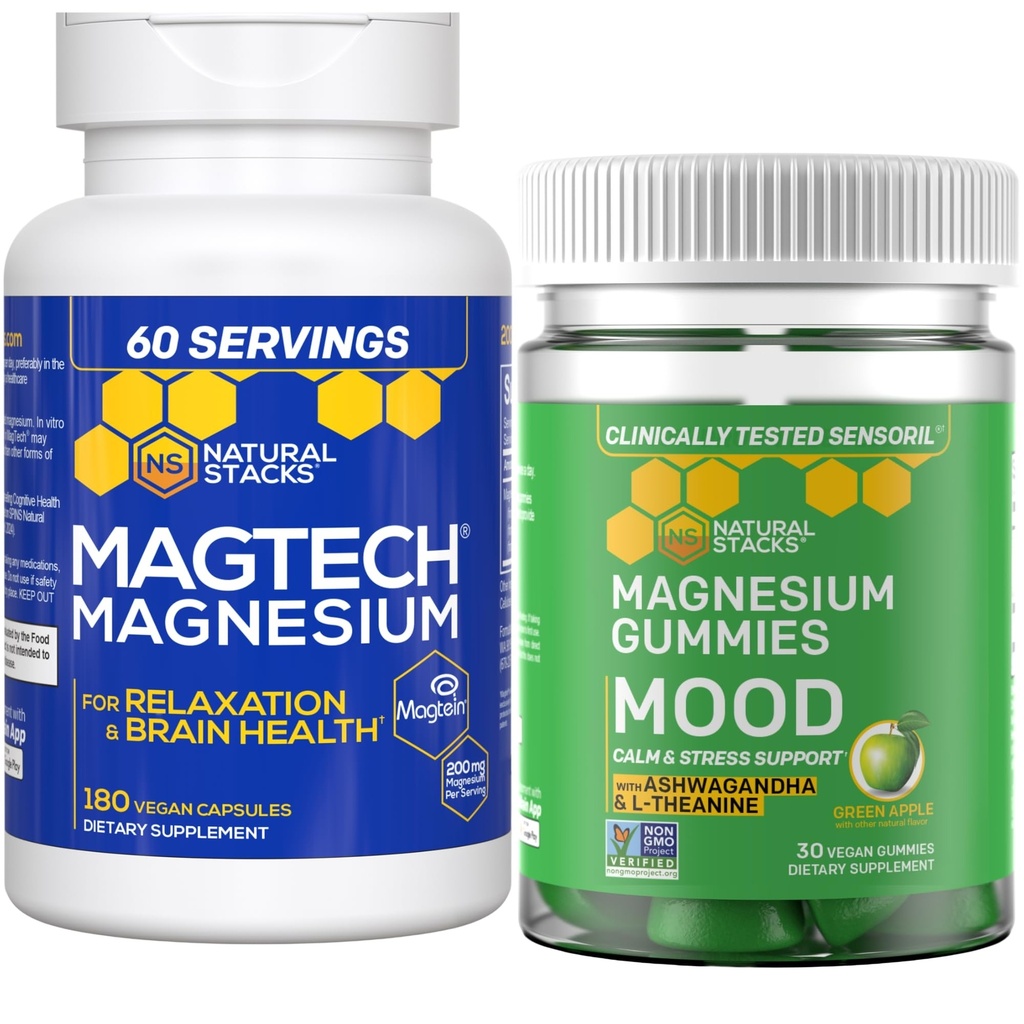 Natural Stacks Magtech Magnesium + Mood Magnesium Gummie Bundle - 4 Formen von Magnesium - Entspannung, Gehirngesundheit Stress &amp; Stress Support* - 210 Gesamtstücke