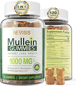 NEVISS Mullein Gummie für Lunge, Bio Mullein Blatt Extrakt 1000mg für Atemsystem mit Quercetin & Bromelain, D3 für Verdauungsunterstützung, Immun Booster, Sugar Free, Vegan, 120 Count