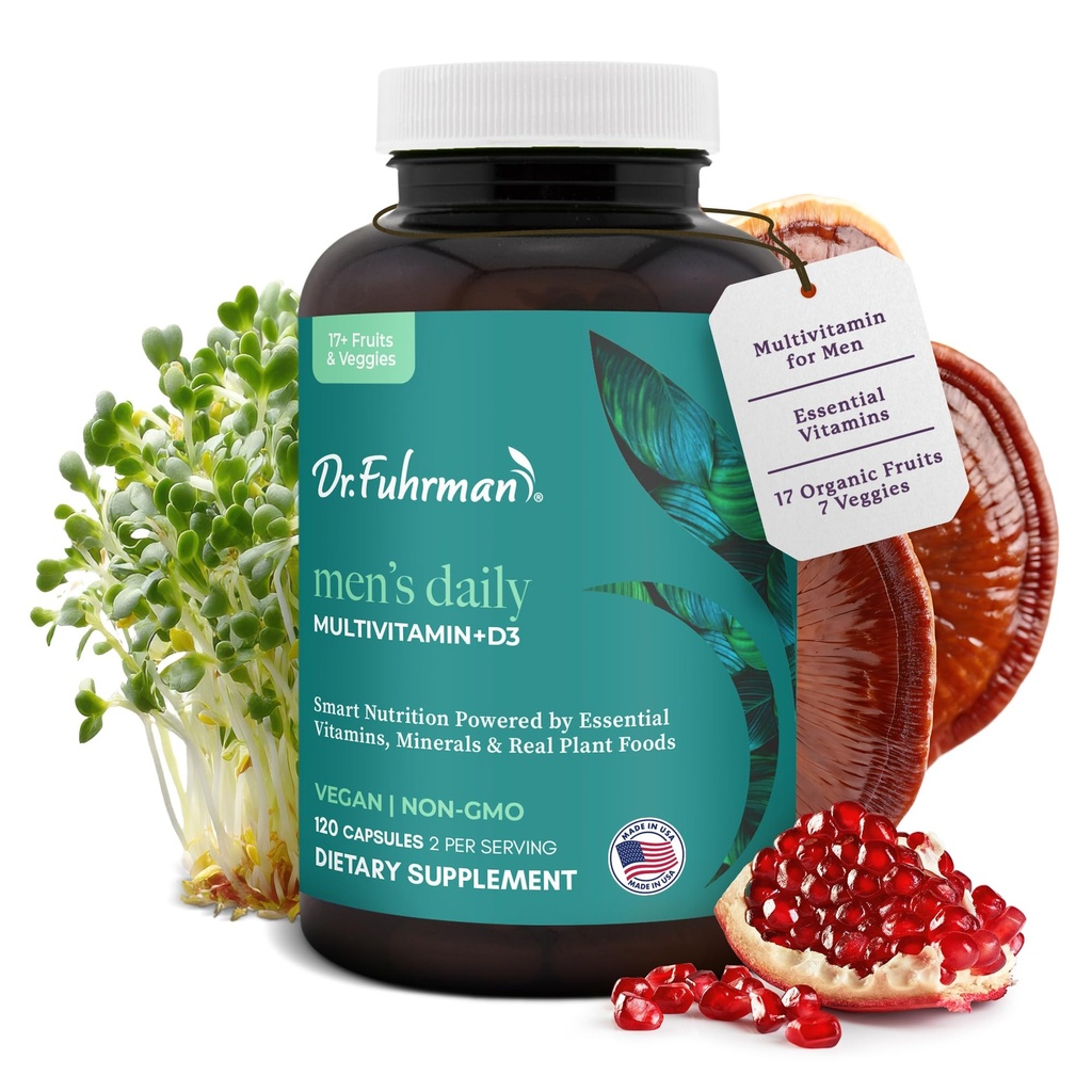 Dr. Fuhrman Multivitamin für Männer + D3 Vitamin für Immununterstützung | Vegan Formel Männer Multivitamin mit B12 & Zink | Ganze Lebensmittel Multivitamin verpackt mit 17 Früchten & Veggies | Non GMO | 120 Kapsel