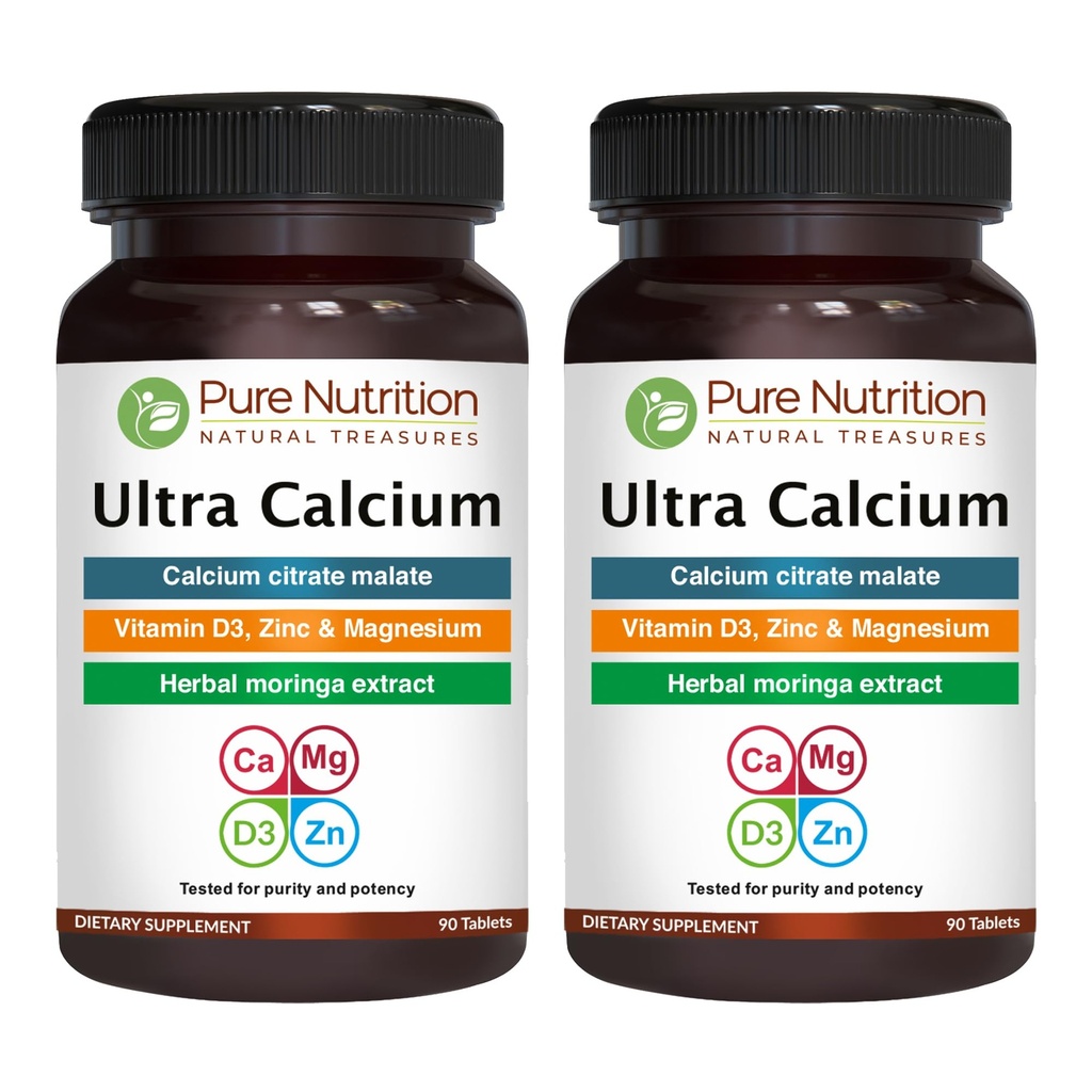 Reine Ernährung Ultra Kalzium 1000mg mit VIT D3 + K2 | 180 Tabs (90 X Pack von 2) | Hoch absorbierbare Kalziumergänzung mit Kalzium Citrate Malate, VIT D3, K2, Moringa Oleifera, Magnesium und Zink.