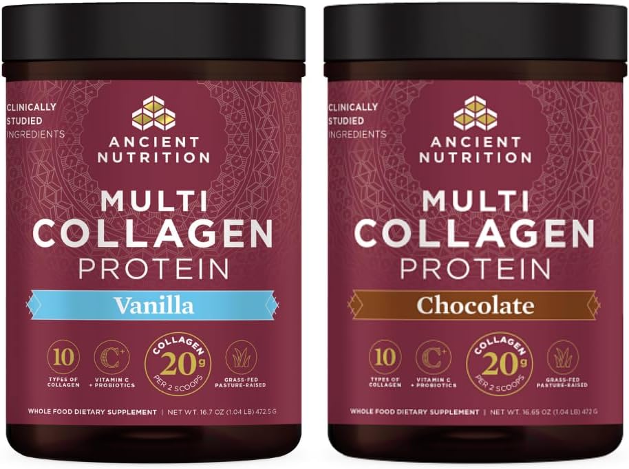 Antike Ernährung Multi Collagen Protein Pulver Vanille 45 Servierungen + Multi Collagen Protein Pulver Schokolade 45 Servierungen