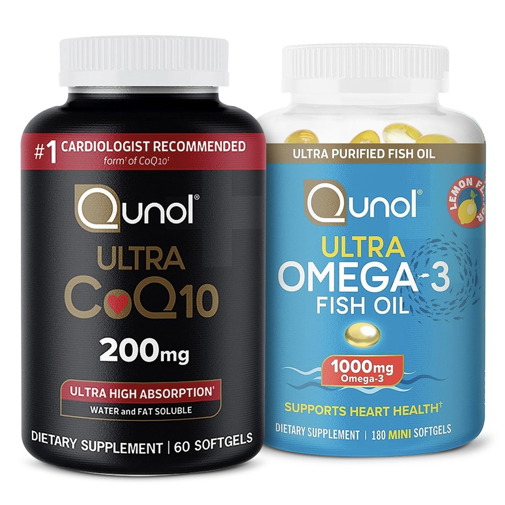 Qunol Ultra CoQ10 200mg Softgels - Ultra High Absorption Coenzym Q10 Supplement - 2 Monate Versorgung - 60 Zähler + Fischöl Omega 3 Mini Softgels, 1000mg Omega 3 EPA + DHA, 3 Monat Versorgung, 180 Zähler