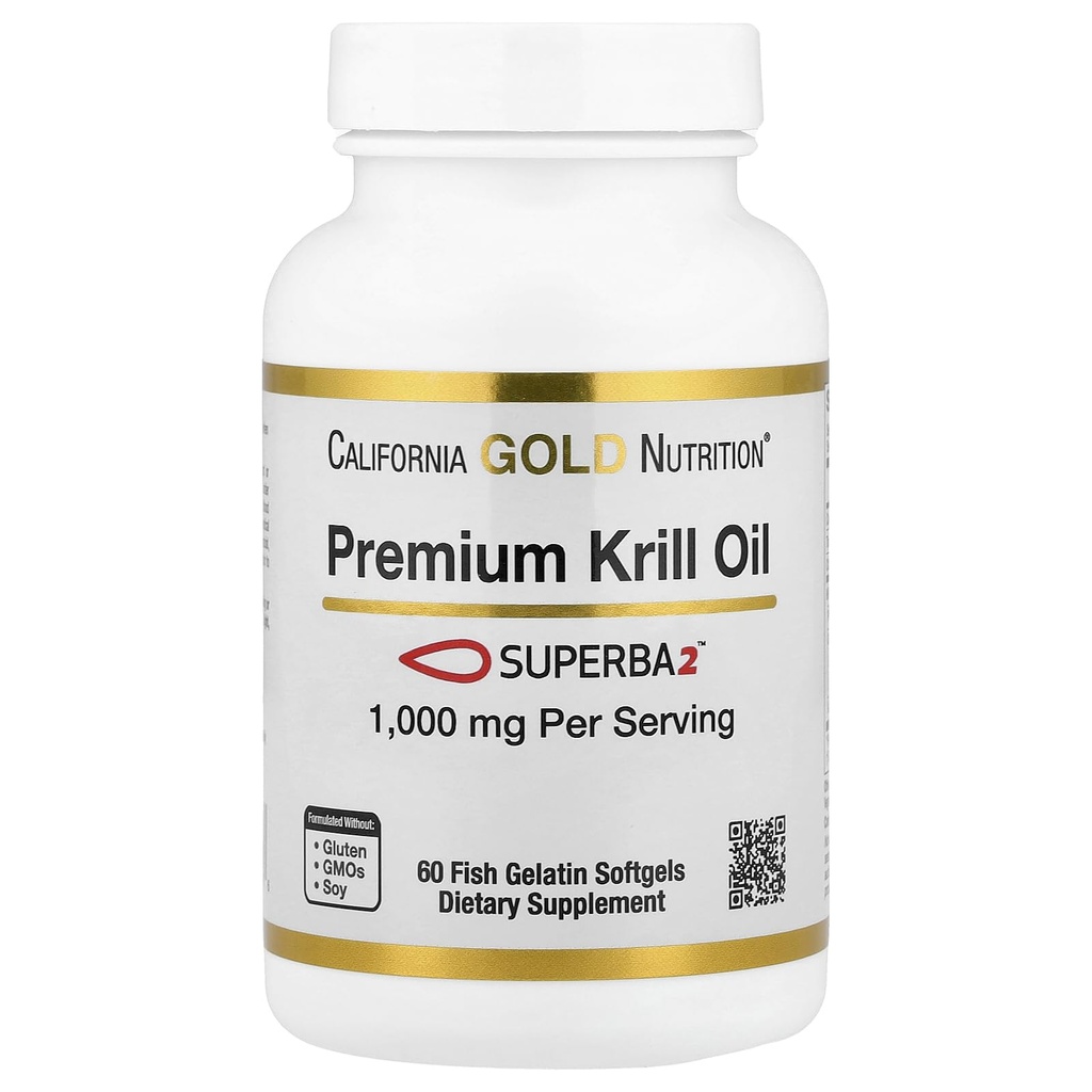 California Gold Nutrition Premium Krill Oil mit Superba2 Bioverfügbare Omega-3s von Antarktis Krill - Herz- und Gehirngesundheitsunterstützung - Glutenfrei, Non-GMO - 1000 mg - 60 Fish Gelatin Softgels