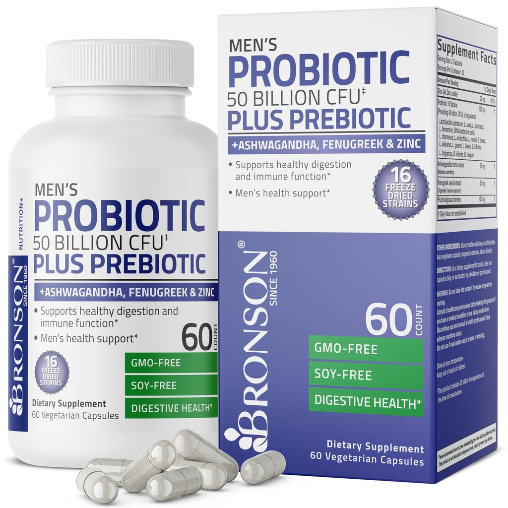 Bronson Men's Probiotic 50 Billion CFU Plus Prebiotic mit Ashwagandha, Fenugreek & Zink, Unterstützt gesunde Verdauung & Immunfunktion Non-GMO, 60 vegetarische Kapseln