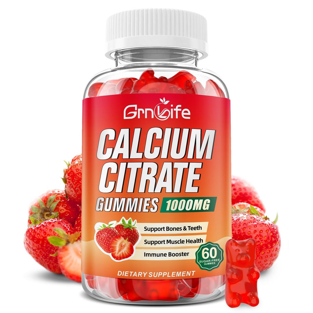 Calcium-Zitrat-Gummien, Zucker freies Calcium-Zitrat 1000mg für Muskel Gesund, Absorption Calcium-Ergänzungen für Erwachsene & Kinder, Erdbeere, 60 Graf