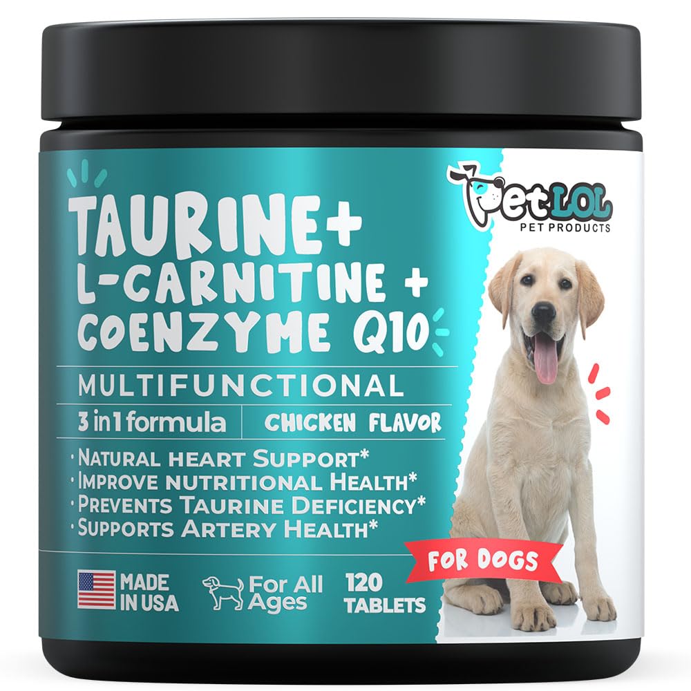 Taurine Ergänzung für Hunde mit L-Carnitin und Coenzym Q10 (CoQ10): Vet Endorsed for Enlarged Heart (DCM), Congestive Heart Failure, Taurine Deficiency: 3-in-1 | Dog Supplements- 120ct