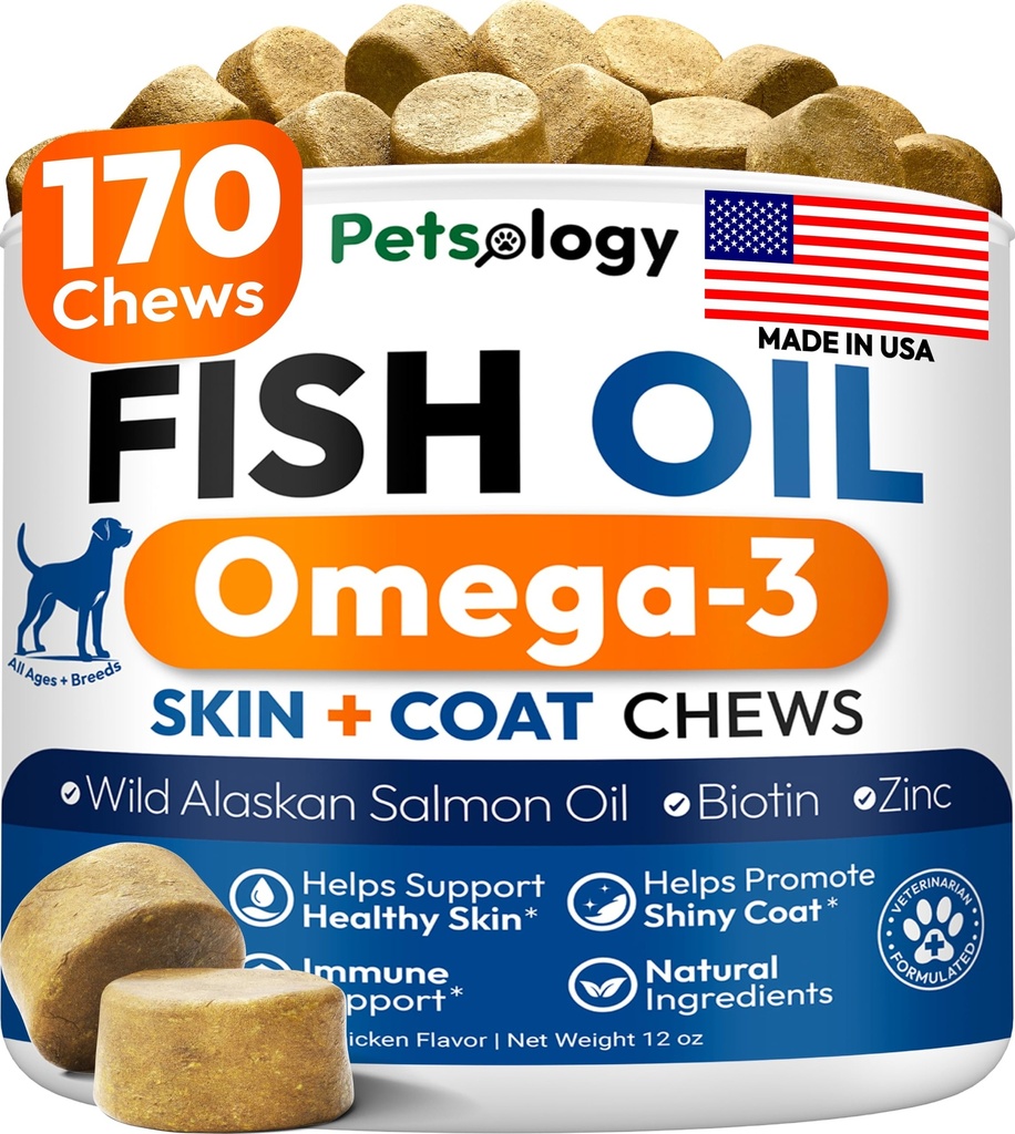 Omega 3 Fischöl für Hunde - 170 Chews - Omega 3 für Hunde Itchy Skin & Allergy Relief - Skin & Coat Supplement - EPA & DHA Fettsäuren - Hund Anti Shedding & Hot Spot Behandlung - Lachsöl