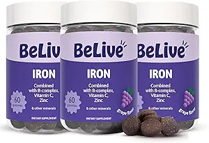 BeLive Iron Gummies - Multivitamin Eisen Ergänzung mit Vitamin C, A, B & Zink, unterstützt Blut Sauerstoff, Vegan Ergänzungen für Frauen, Männer & Kinder für Wachstum und Entwicklung - Trauben Flavor | 3-Pack
