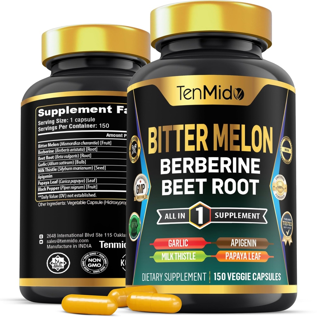 Bitter Melon Kapseln - 8in1 Formel - Kombinieren Sie mit Berberine, Beet Root, Knoblauch, Milchdistel, Apigenin, Papaya Leaf, und Black Pepper - 150 Vegan Kapseln für 5 Monate Versorgung