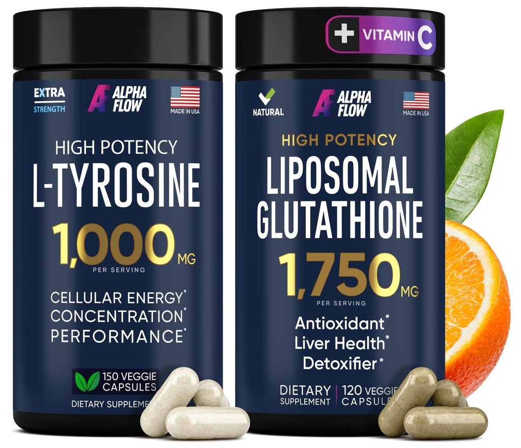 (Bundle) L Tyrosin 1000mg & Liposomal Glutathione 1750mg - All-Natural Focus, Energy und Liver Support - Non-GMO, Gluten-Free, Vegan - 270 Kapseln insgesamt