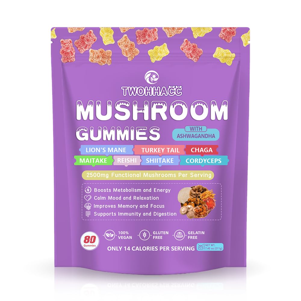 Pilz-Ergänzungsgummis mit Ashwagandha und Lions Mane, Maitake, Türkei-Tail, Reishi, Chaga, Shiitake, Cordyceps Nootropic Brain-Ergänzung für Fokus, Gedächtnis, Immunität, Unterstützung und Stress-Relief