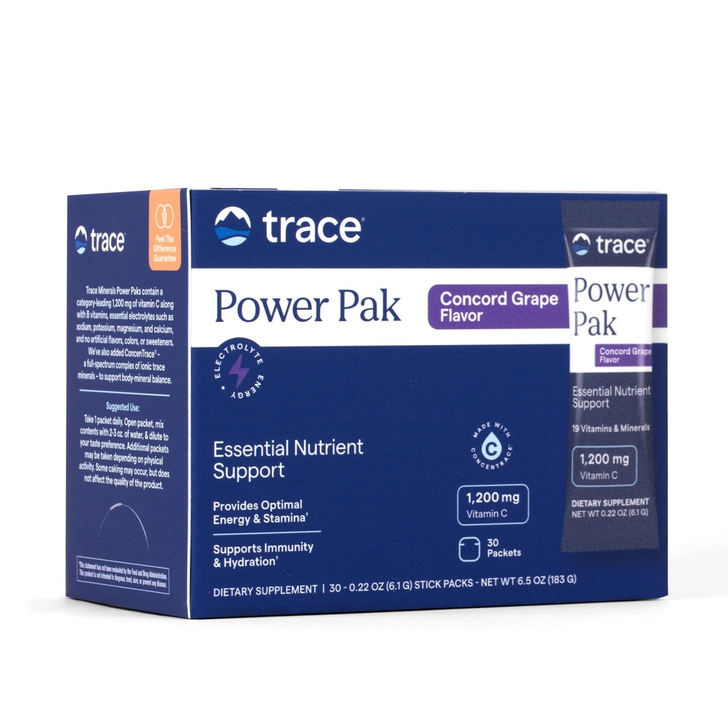 Trace Minerals Power Pak Multivitamin und Multimineral Packets - Elektrolytunterstützung - 1200 mg Vitamin C Plus 70 Concord Grape Flavor - 30 Packets